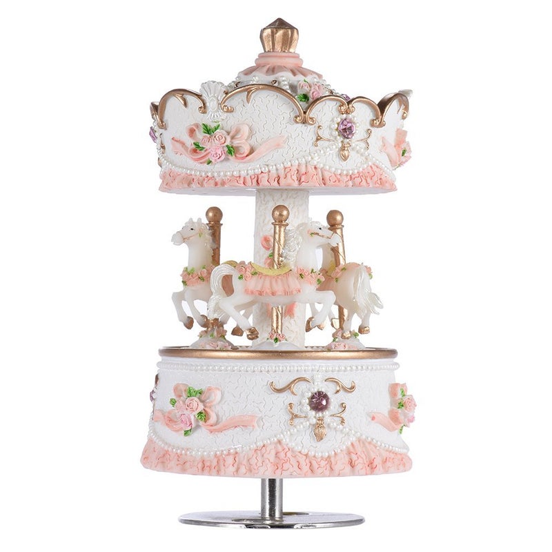 Musfunny Carousel Music Boxes for Girls 3-Horse Rotating Windup Melody Castle in The Sky Color Change LED Lights Musical Gift for Daughter Birthday Christmas Festival Music Box Artware Pink - Image 1